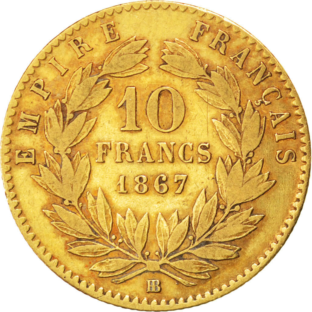 FRANCE, Napoléon III, 10 Francs, 1867, Strasbourg, KM #800.2, VF(30-35), Gold, G