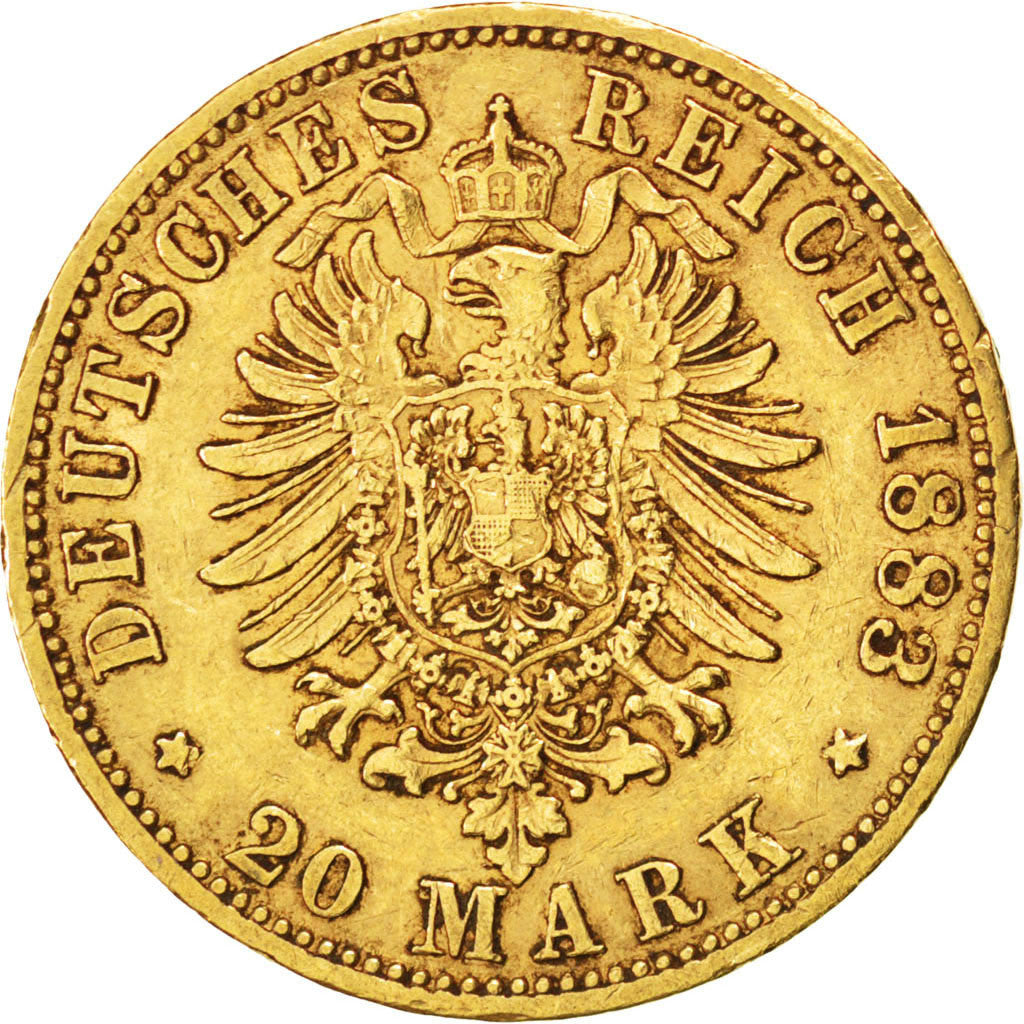 German States, 20 Mark, 1883, Berlin, KM #505, EF(40-45), Gold, 7.94