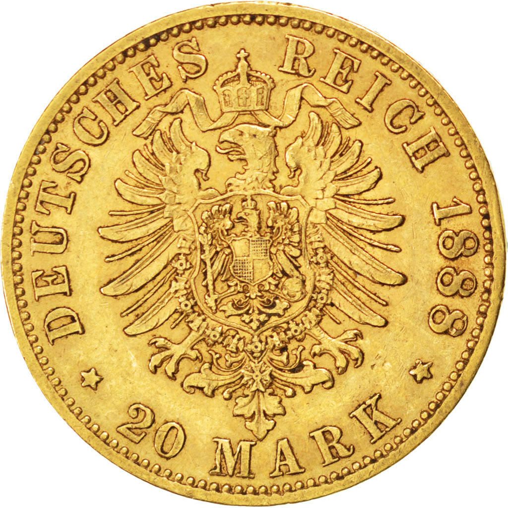 German States, 20 Mark, 1888, Berlin, KM #505, AU(50-53), Gold, 7.95