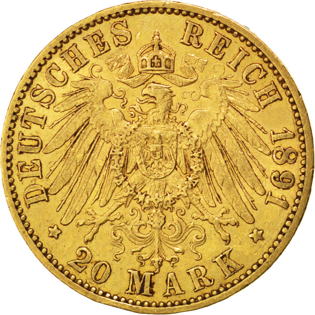 German States, 20 Mark, 1891, Berlin, KM #521, EF(40-45), Gold, 7.97