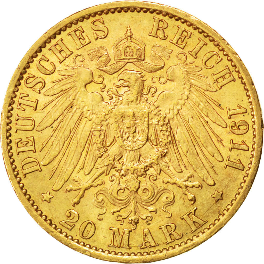 German States, 20 Mark, 1911, Berlin, KM #521, AU(50-53), Gold, 7.96