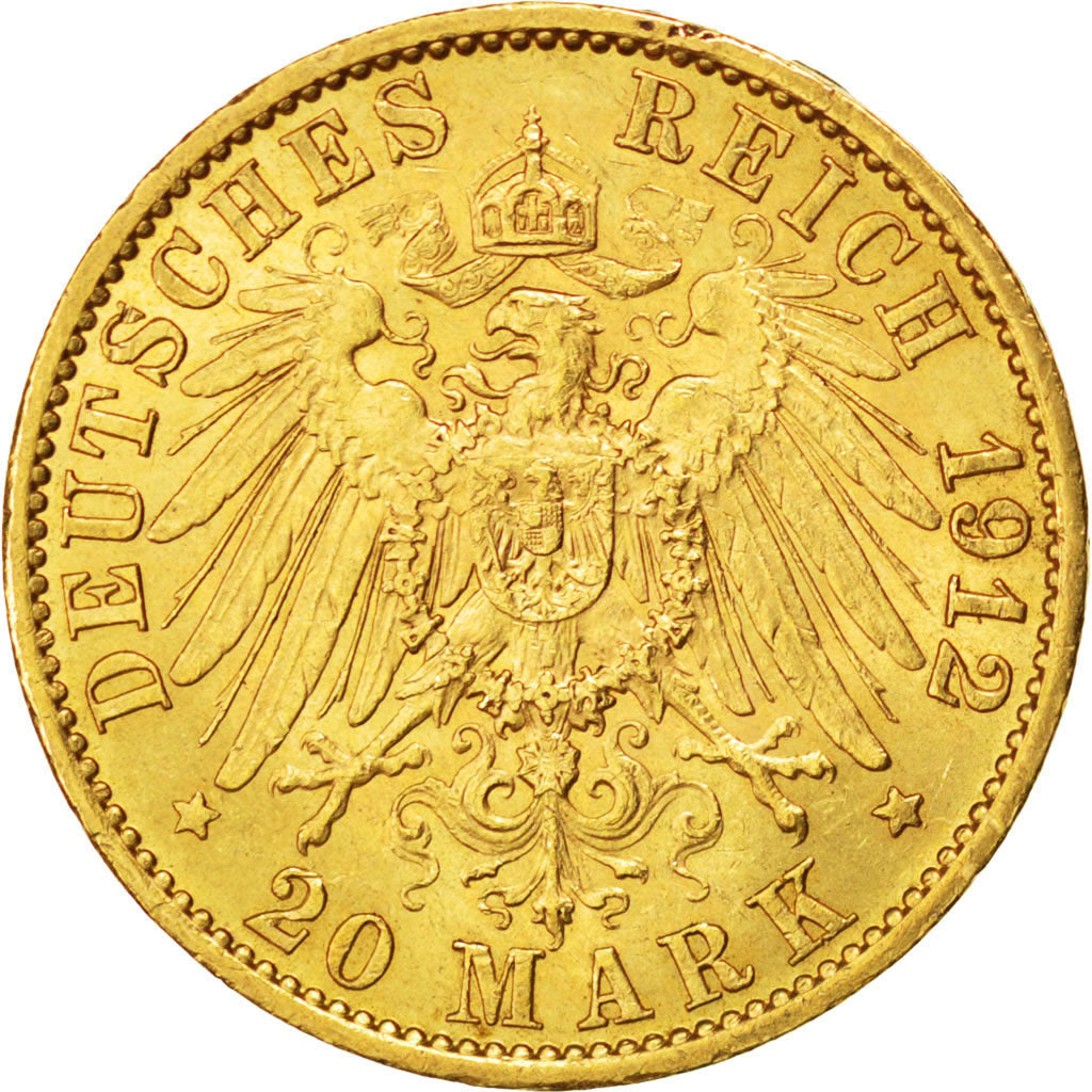 German States, 20 Mark, 1912, Berlin, KM #521, AU(50-53), Gold, 7.97