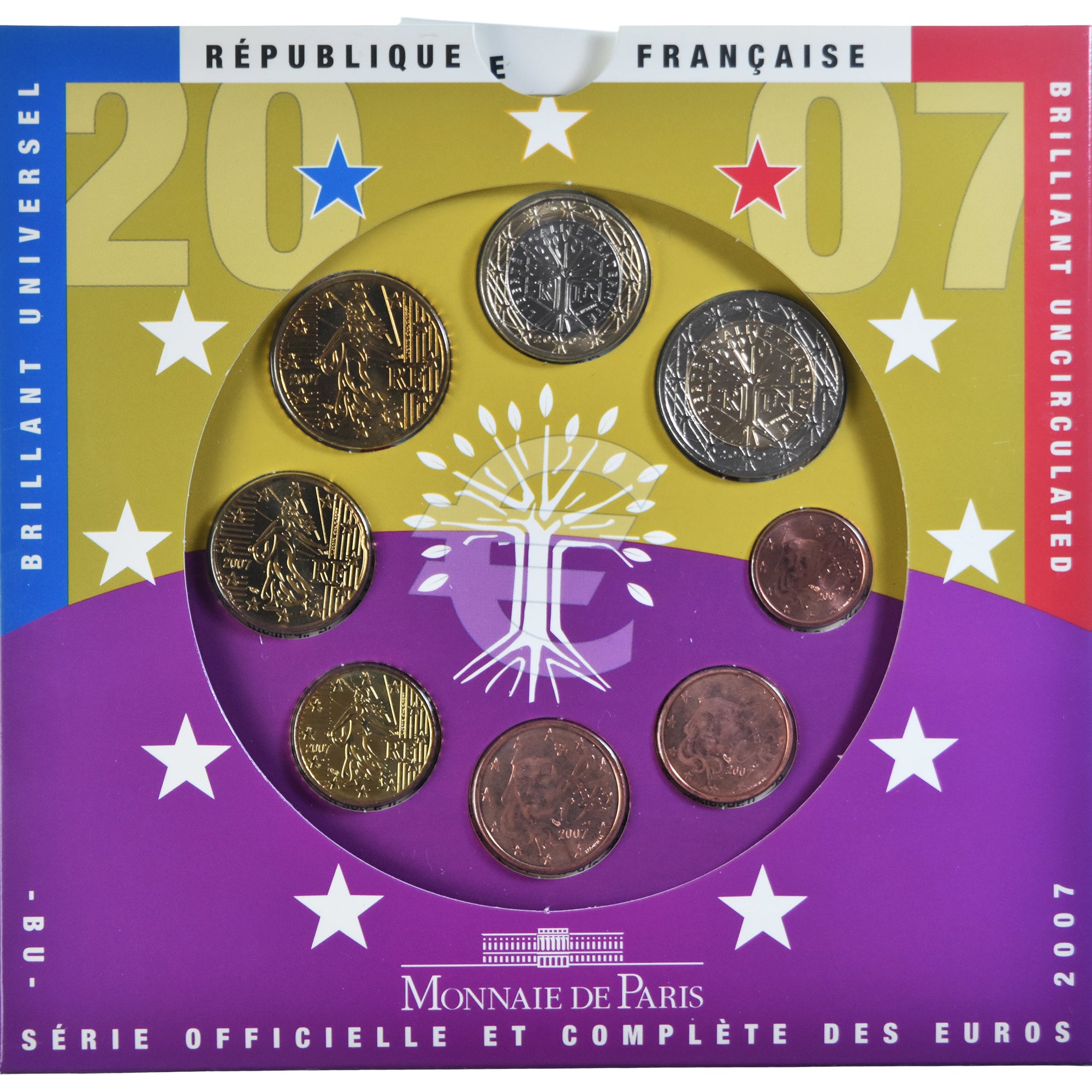 France, 1 Cent to 2 Euro, 2007, Monnaie de Paris, BU, MS(65-70)