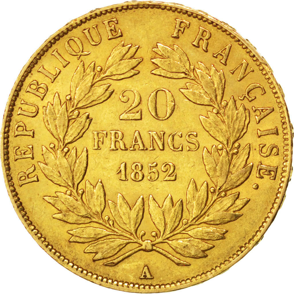 FRANCE, Napoléon III, 20 Francs, 1852, Paris, KM #774, AU(50-53), Gold, Gadoury