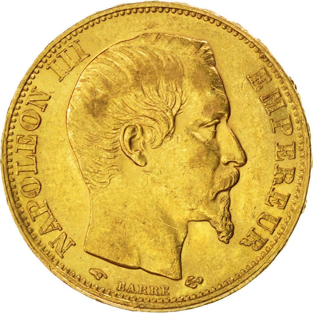 FRANCE, Napoléon III, 20 Francs, 1858, Paris, KM #781.1, AU(50-53), Gold, Gadour
