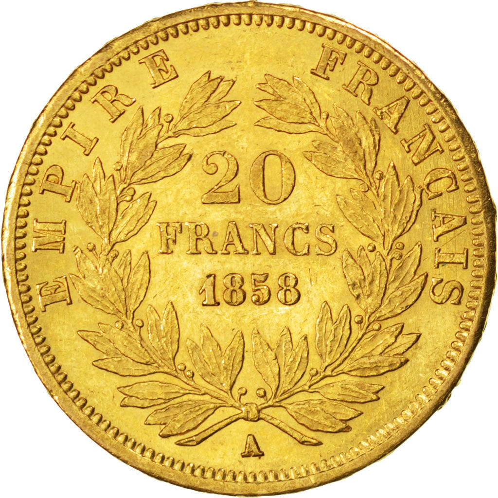 FRANCE, Napoléon III, 20 Francs, 1858, Paris, KM #781.1, AU(50-53), Gold, Gadour
