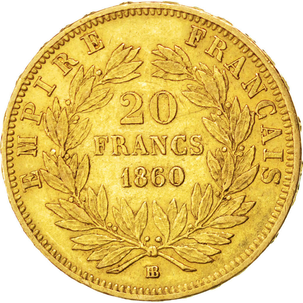 FRANCE, Napoléon III, 20 Francs, 1860, Strasbourg, KM #781.2, EF(40-45), Gold, G