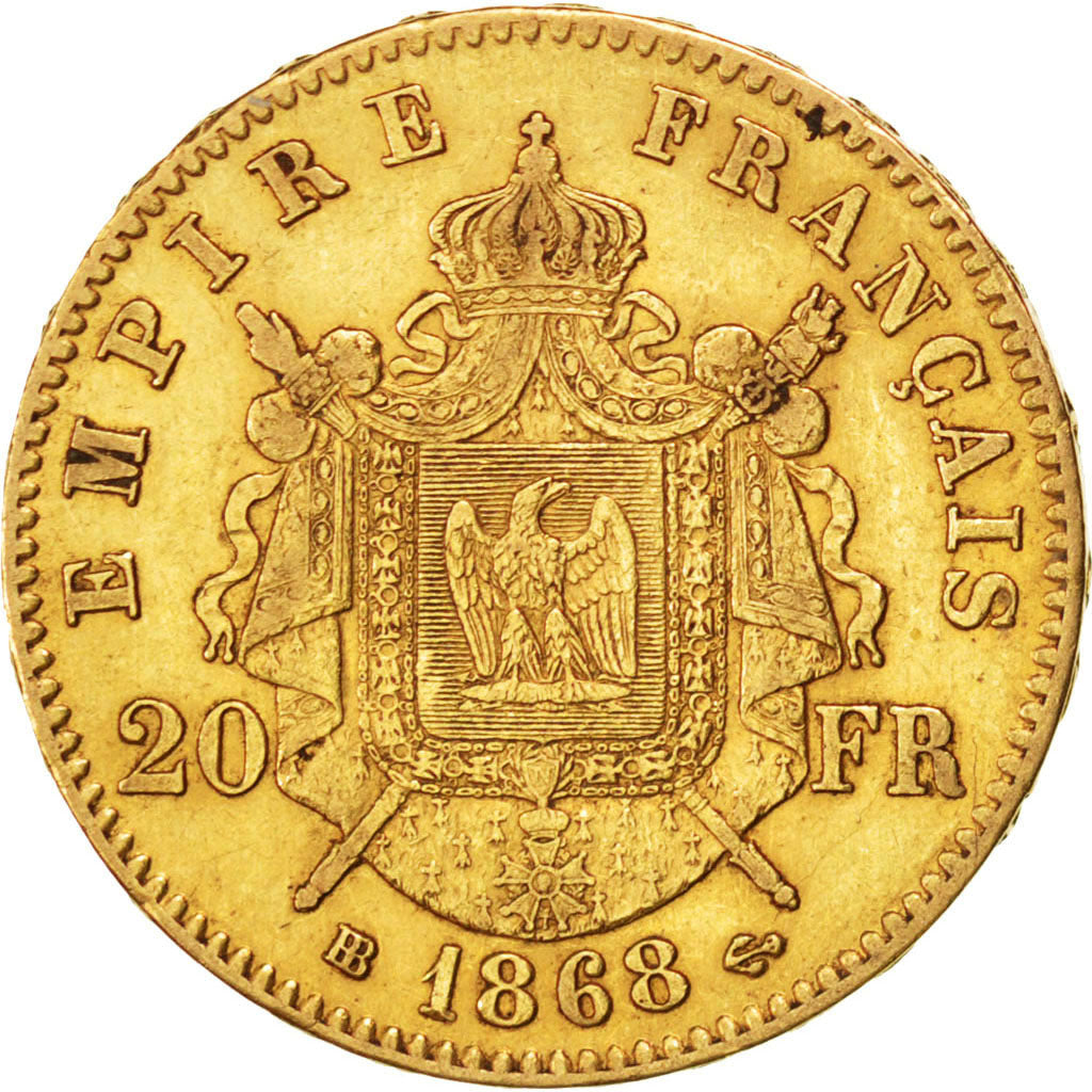 FRANCE, Napoléon III, 20 Francs, 1868, Strasbourg, KM #801.2, AU(50-53), Gold, G