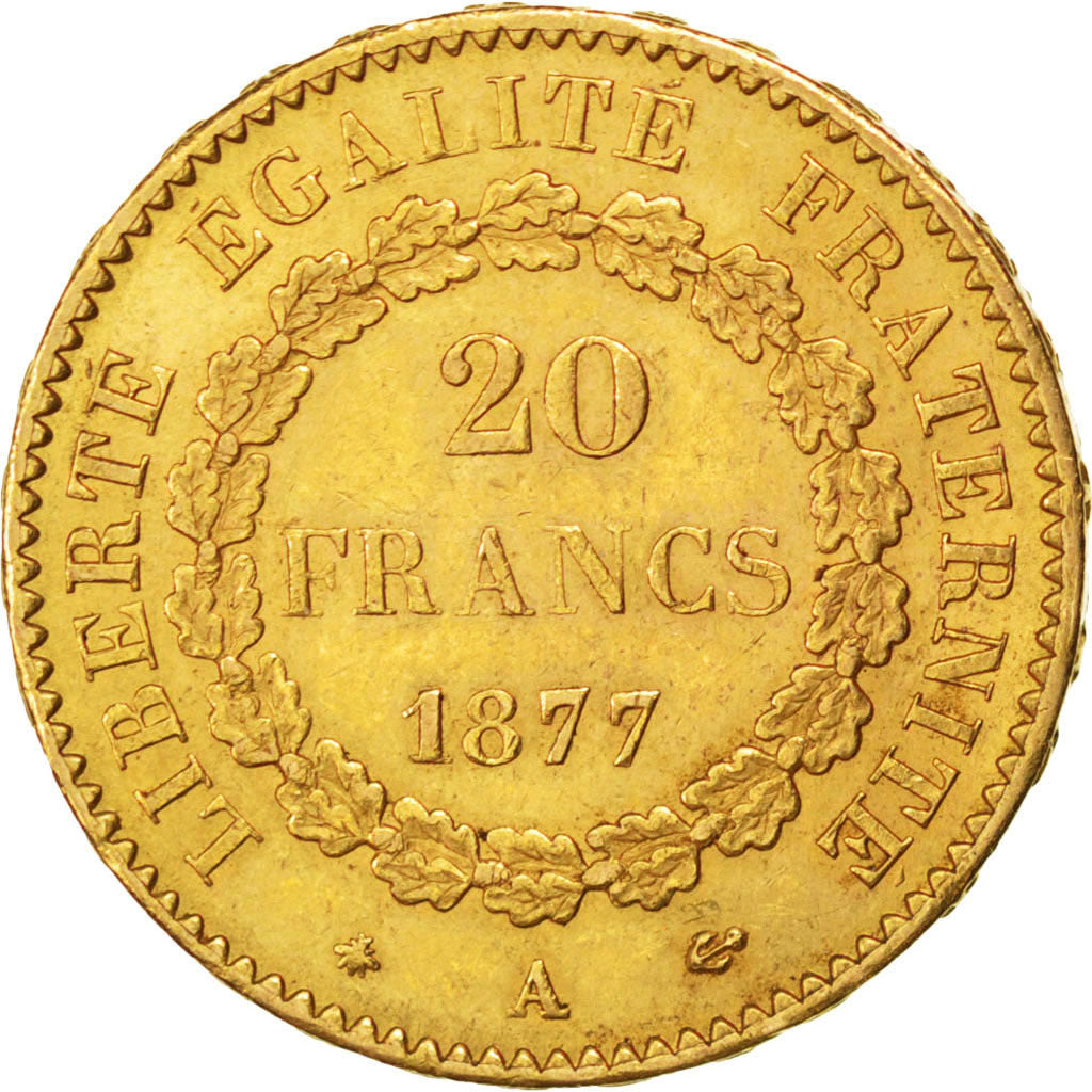 FRANCE, Génie, 20 Francs, 1877, Paris, KM #825, AU(50-53), Gold, Gadoury #1063,
