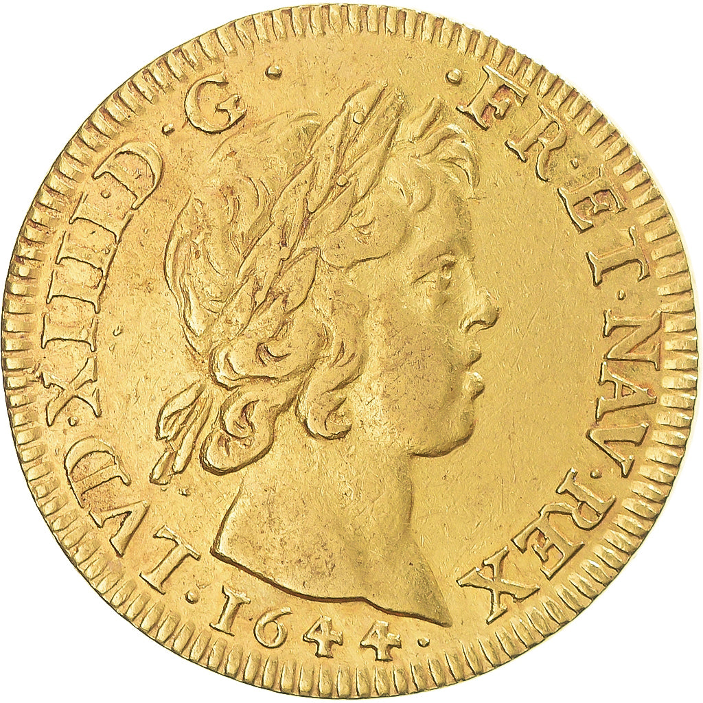 Moneda, Francia, Louis XIV, louis d'or à la mèche courte, 1644, Paris, MBC+