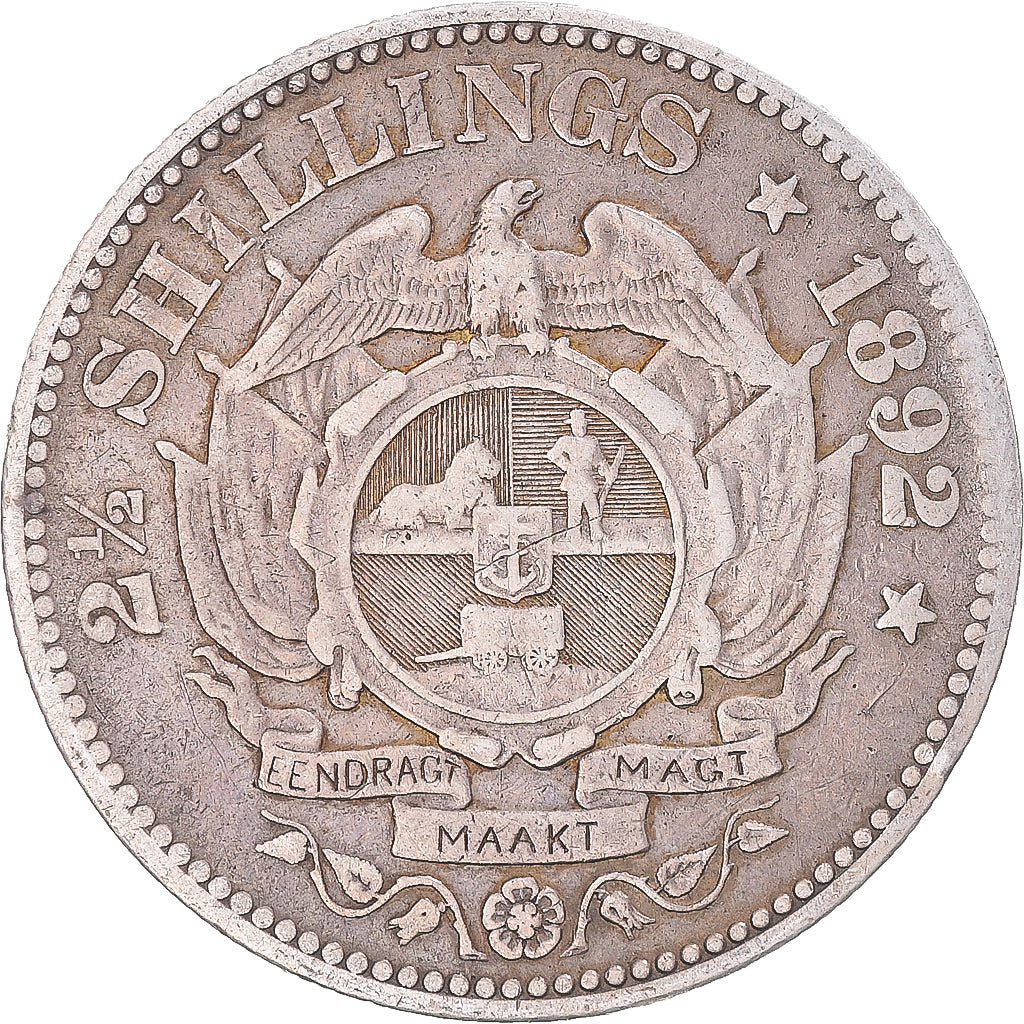 Moneda, Sudáfrica, 2-1/2 Shillings, 1892, Pretoria, BC+, Plata, KM:7