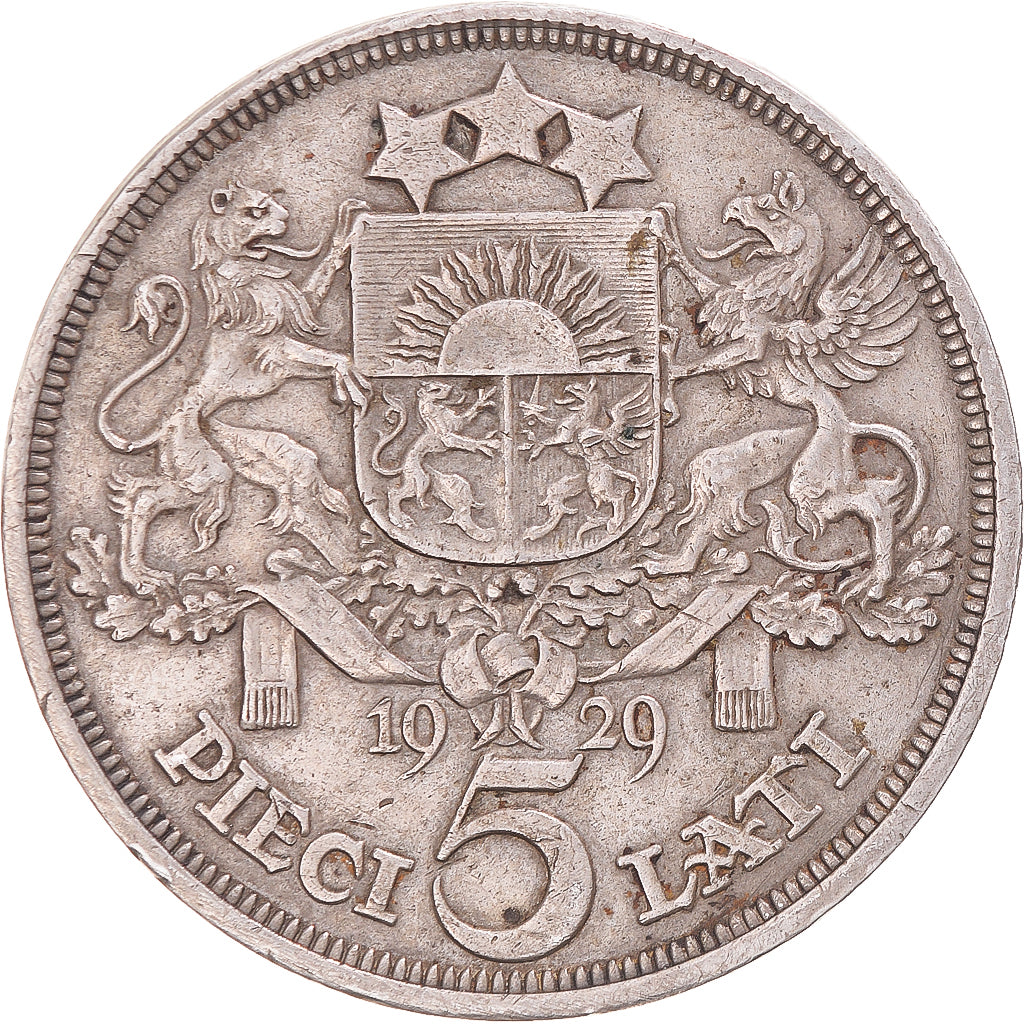 Coin, Latvia, 5 Lati, 1929, Tower mint, EF(40-45), Silver, KM:9