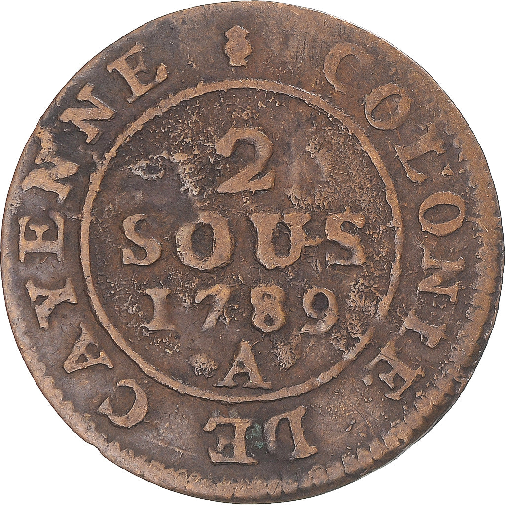 Moneta, Guinea francese, Louis XVI, 2 Sous, 1789, Paris, MB+, Biglione, KM:1