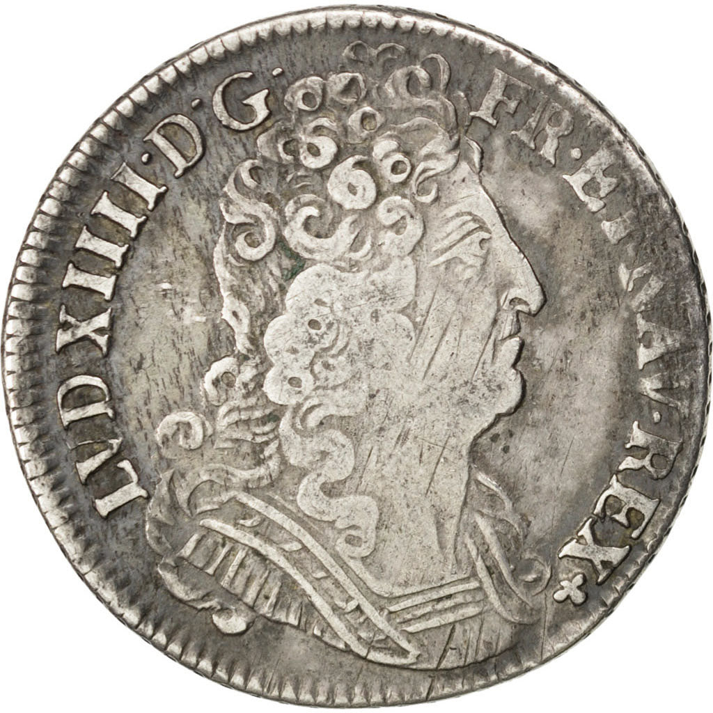 FRANCE, 1/4 Écu aux 3 couronnes, 1/4 ECU, 1711, Tours, KM #380.5, VF(30-35), ...