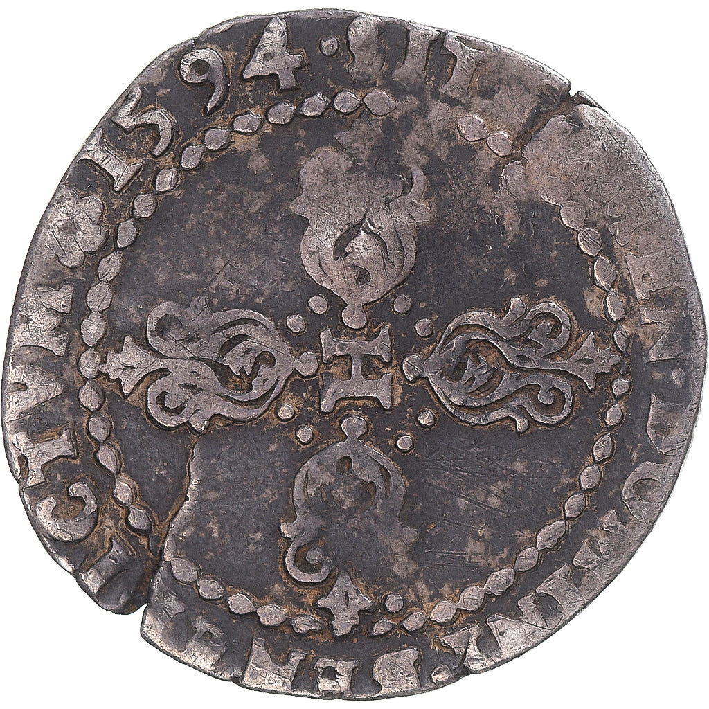 Coin, France, Henri IV, 1/4 Franc, 1594, Rouen, Inédit !, VF(30-35), Silver