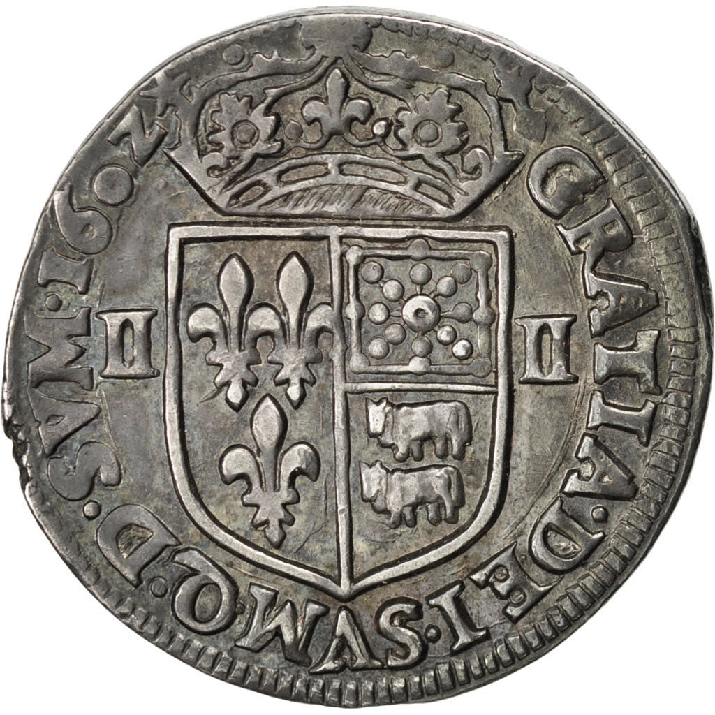 FRANCE, 1/4 ECU, 1602, Pau, KM #1.1, AU(50-53), Silver, Sombart #4706, 9.52