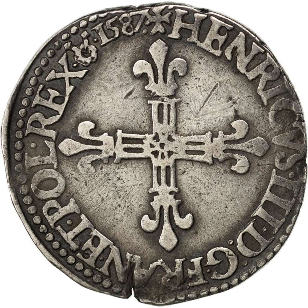 FRANCE, 1/4 Ecu, 1587, Rouen, EF(40-45), Silver, Sombart #4662, 9.50