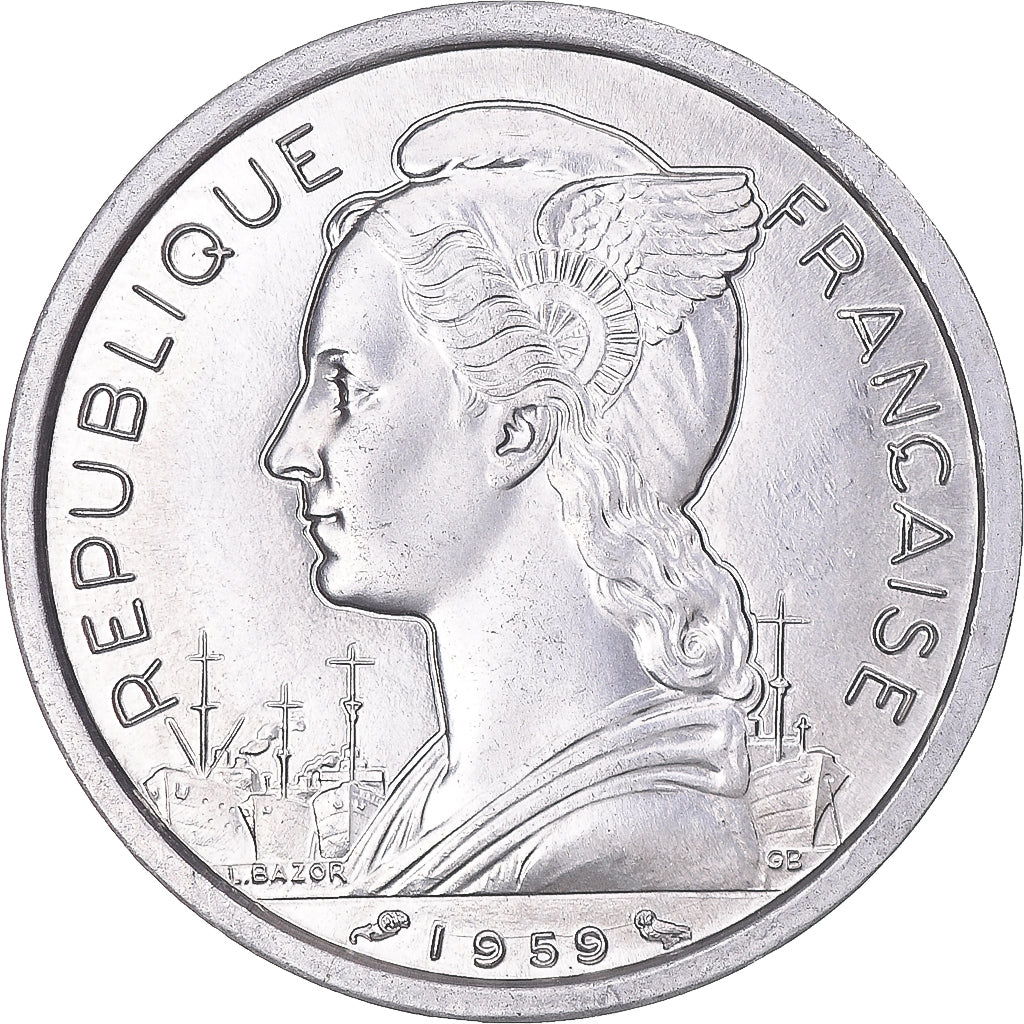Coin, French Somaliland, 2 Francs, 1959, Paris, MS(64), Aluminum, KM:9