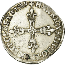 Munten, Frankrijk, 1/4 Ecu, 1589, Paris, ZF, Zilver, Sombart:4662
