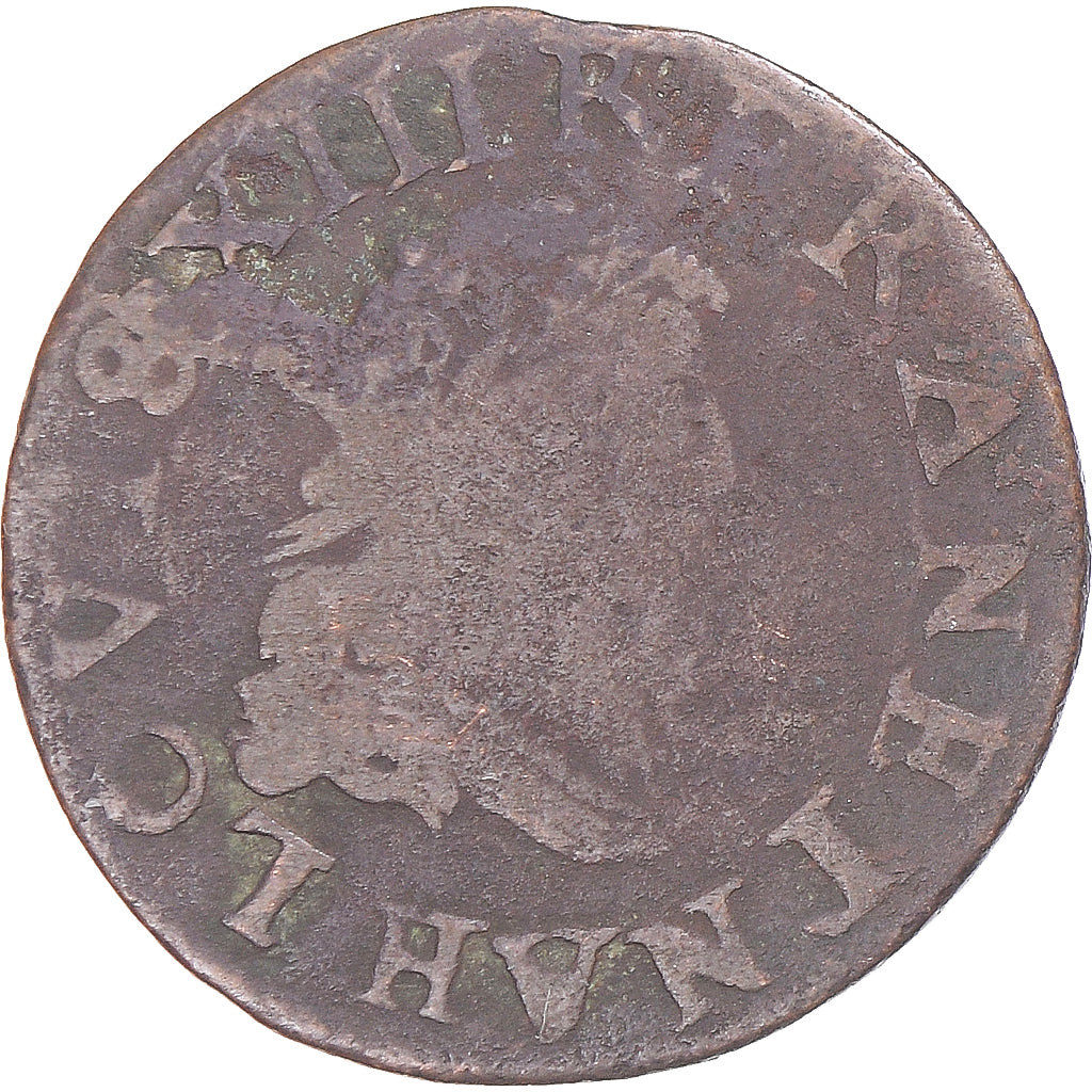 Moeda, França, Louis XIII, Double Tournois, 1638, La Rochelle, VF(20-25)
