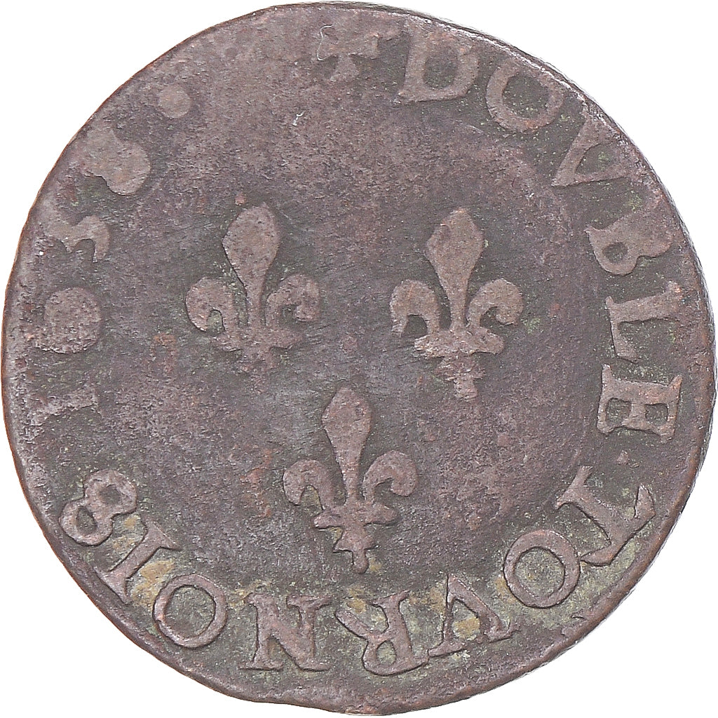 Moeda, França, Louis XIII, Double Tournois, 1638, La Rochelle, VF(20-25)