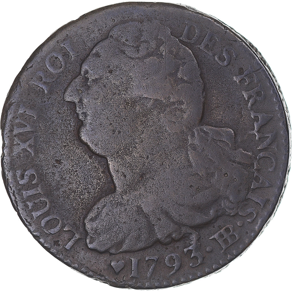 Coin, France, Louis XVI, 2 sols Français, 1793 / AN 5, Strasbourg, VF(30-35)