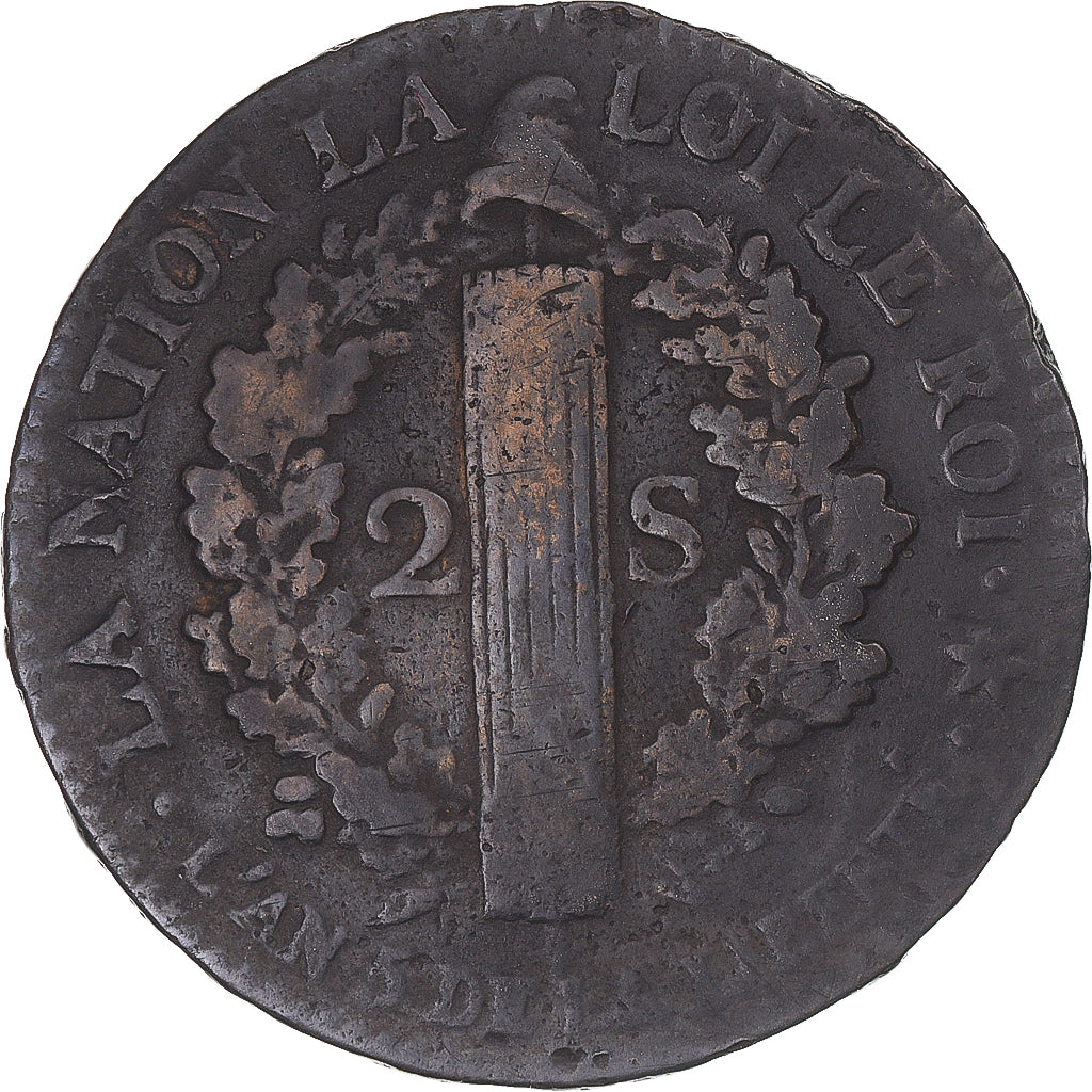 Coin, France, Louis XVI, 2 sols Français, 1793 / AN 5, Strasbourg, VF(30-35)
