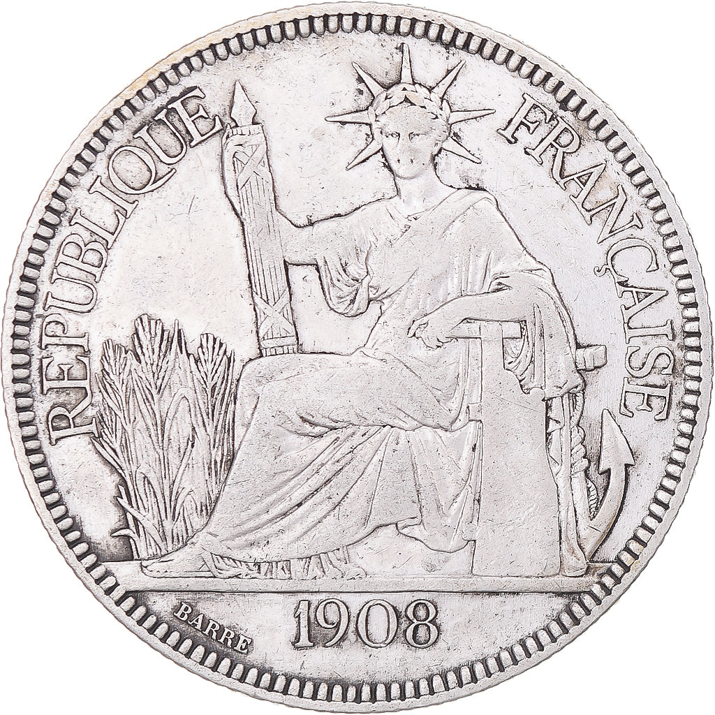 Coin, FRENCH INDO-CHINA, Piastre, 1908, Paris, VF(30-35), Silver, KM:5a.1