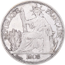 Coin, FRENCH INDO-CHINA, Piastre, 1908, Paris, VF(30-35), Silver, KM:5a.1