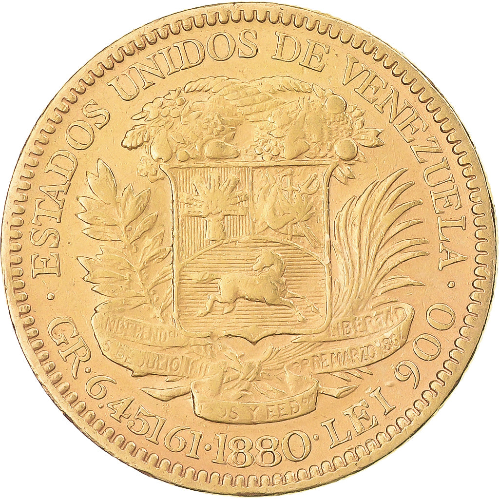 Monnaie, Venezuela, 20 Bolivares, 1880, Caracas, TB+, Or, KM:32