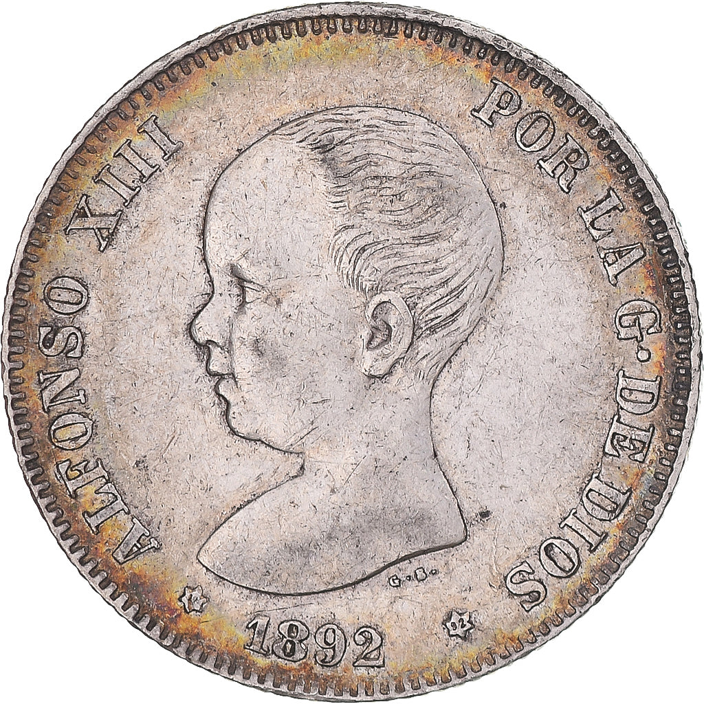 Moneda, España, Alfonso XIII, 2 Pesetas, 1892, Madrid, MBC+, Plata, KM:692