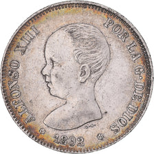 Moneda, España, Alfonso XIII, 2 Pesetas, 1892, Madrid, MBC+, Plata, KM:692