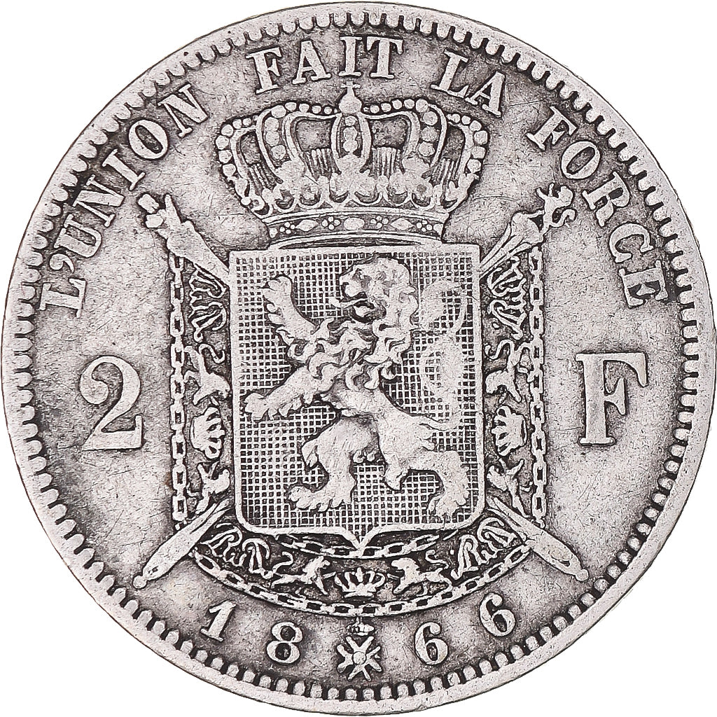Coin, Belgium, Leopold II, 2 Francs, 1866, Brussels, VF(30-35), Silver, KM:30.1