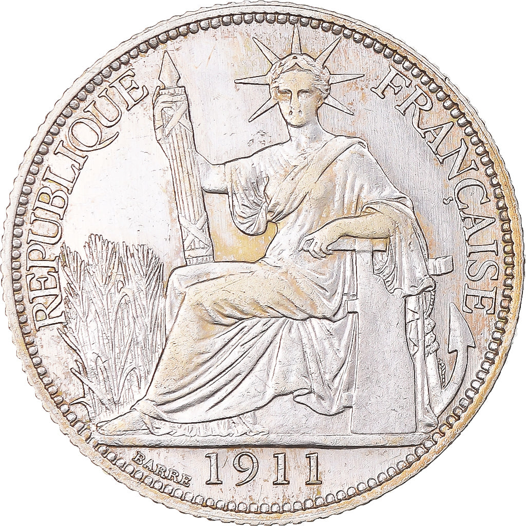 Moneda, INDOCHINA FRANCESA, 20 Cents, 1911, Paris, BC+, Plata, KM:10