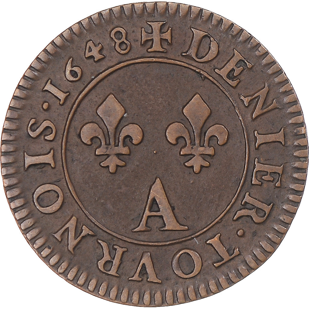 Moneta, Francia, Louis XIV, Denier Tournois, 1648, Paris, BB, Rame, KM:167