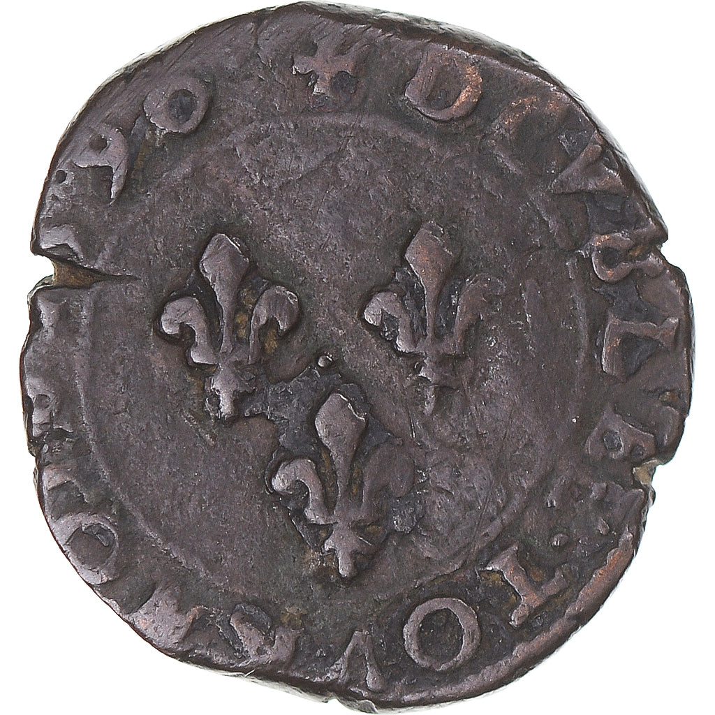 Moeda, França, Charles X, Double Tournois, 1590, Dijon, VF(20-25), Cobre