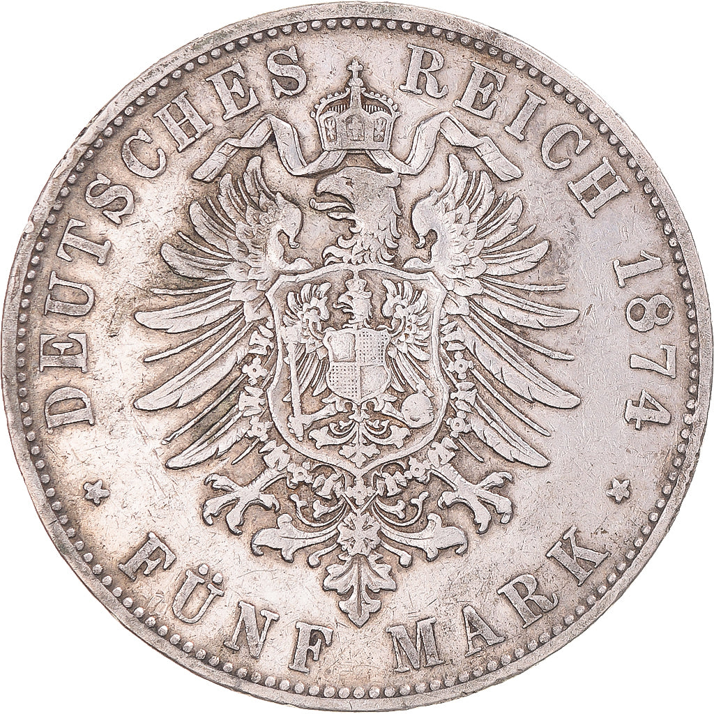 Coin, German States, BAVARIA, Ludwig II, 5 Mark, 1874, Munich, VF(30-35)