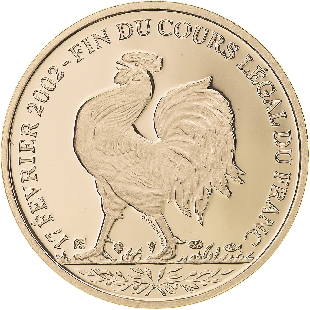 France, Medal, Retrait du Franc, Coq, 2002, BE, MS(65-70), Gold