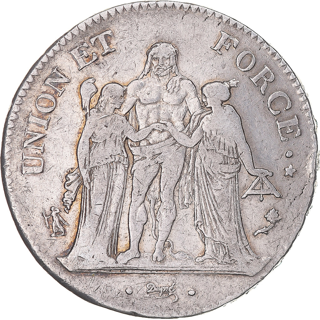 France, 5 Francs, Union et Force, AN 4, Paris, Silver, VF(30-35), Gadoury:563