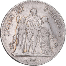 France, 5 Francs, Union et Force, AN 4, Paris, Silver, VF(30-35), Gadoury:563