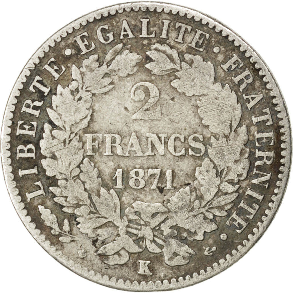 FRANCE, Cérès, 2 Francs, 1871, Bordeaux, KM #817.2, VF(20-25), Silver, 27, G...