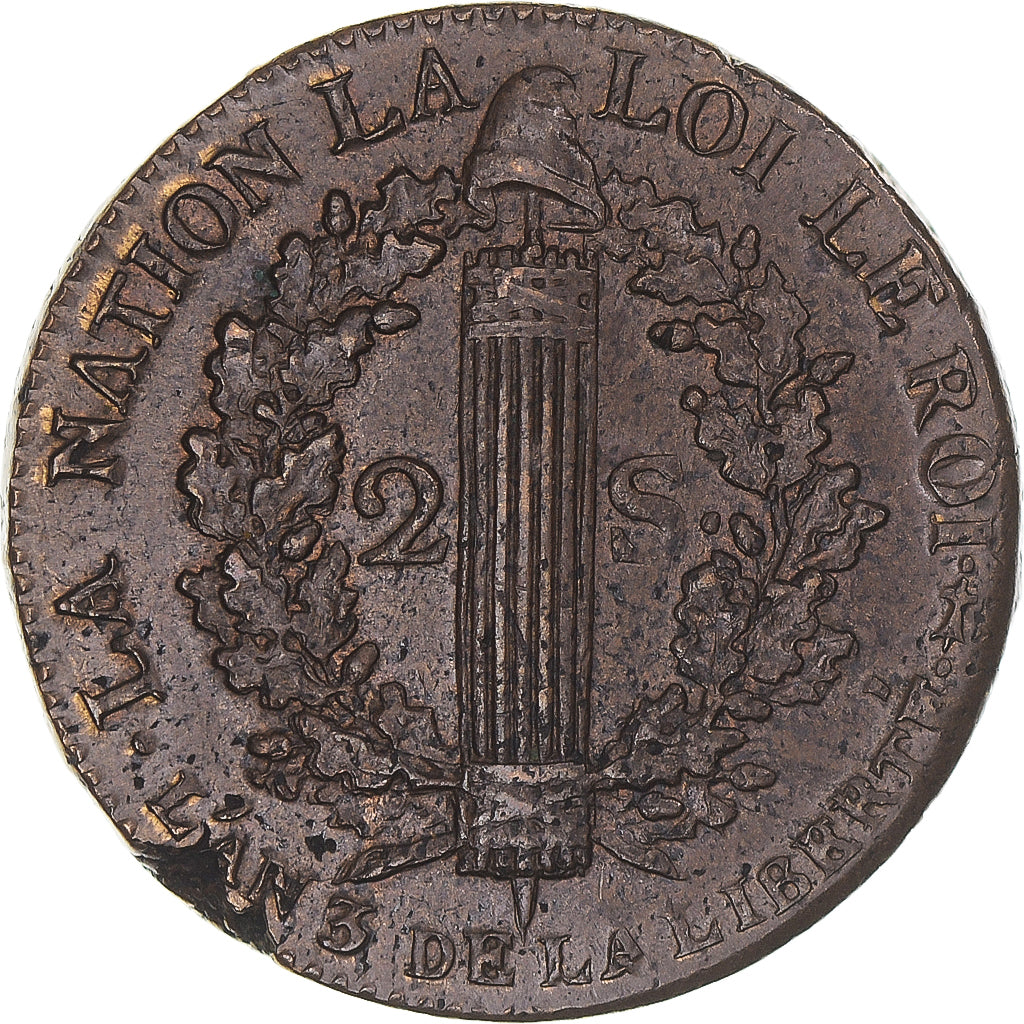 Moneta, Francia, Louis XVI, 2 sols François, 1791 / AN 3, Metz, BB+, Bronzo