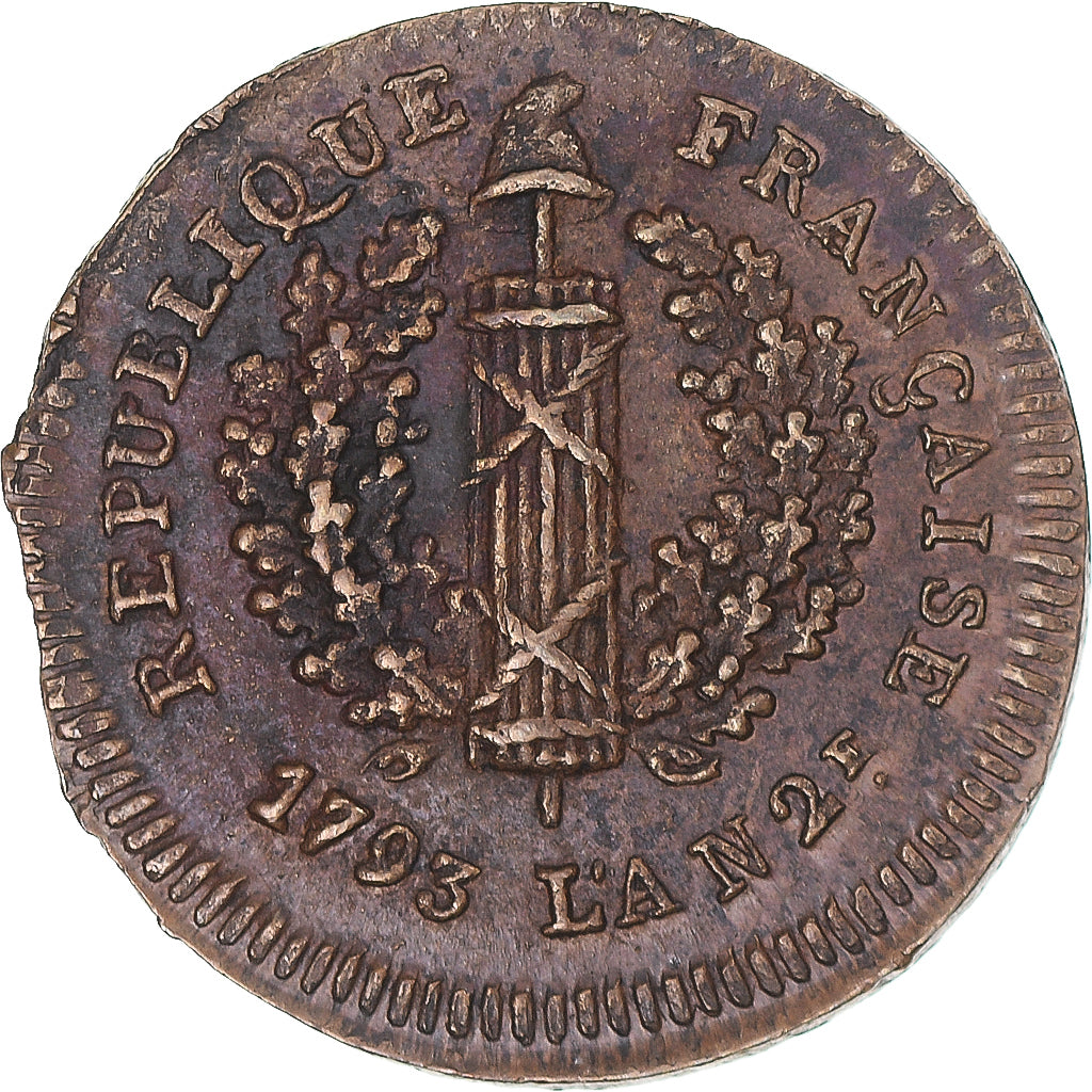Monnaie, France, 2 Sols, 1793, Mayence, Siège de Mayence, TTB+, Bronze