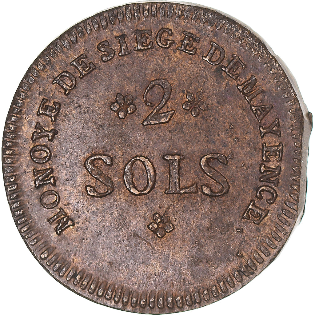 Monnaie, France, 2 Sols, 1793, Mayence, Siège de Mayence, TTB+, Bronze