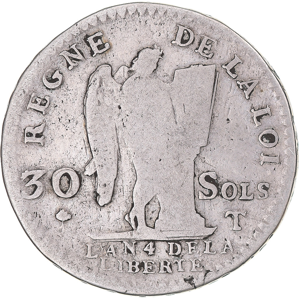 Coin, France, Louis XVI, 30 sols françois, 1792 / AN 4, Nantes, VF(20-25)