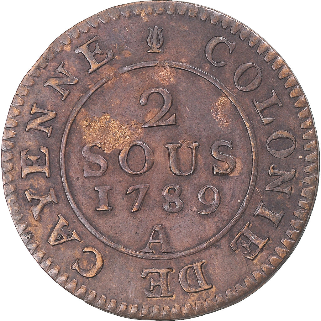 Moneda, GUAYANA FRANCESA, Louis XVI, 2 Sous, 1789, Paris, MBC+, Vellón, KM:1