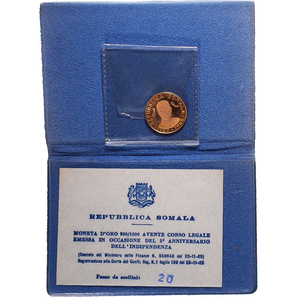 Coin, Somalia, 20 Shillings / Scellini, 1965, Arezzo, AU(55-58), Gold, KM:10