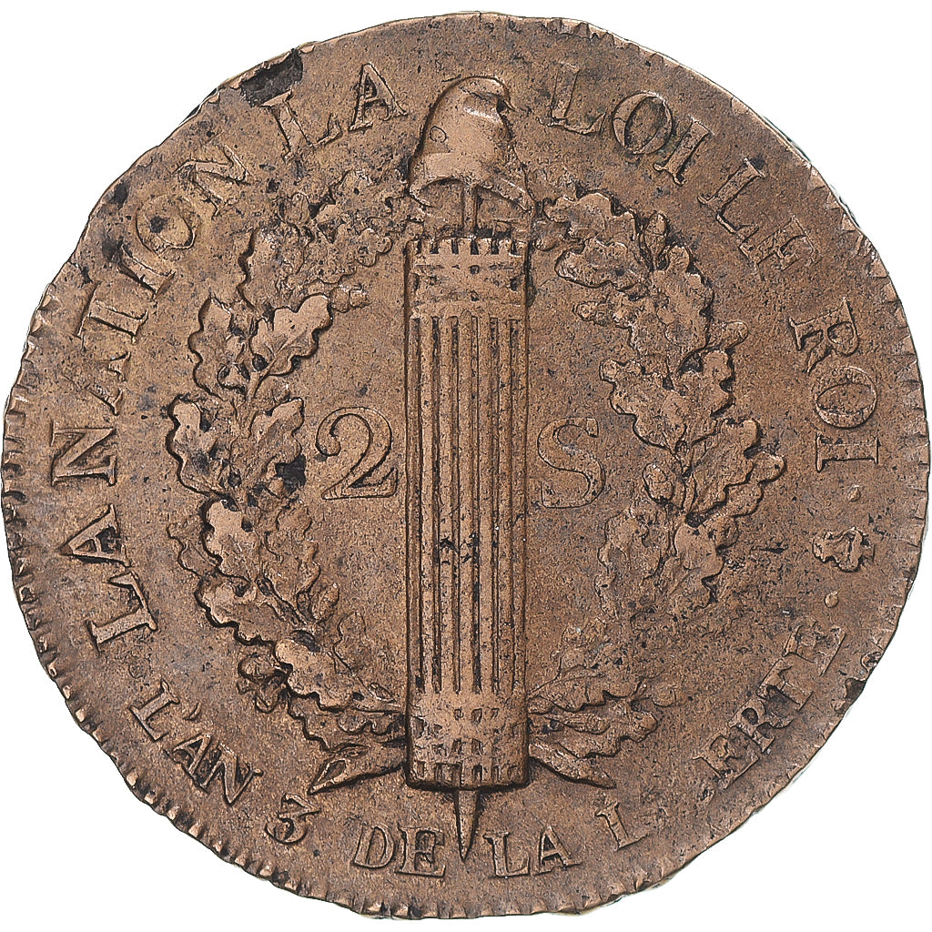 Coin, France, Louis XVI, 2 sols François, 1791, Paris, AU(50-53), Cuivre