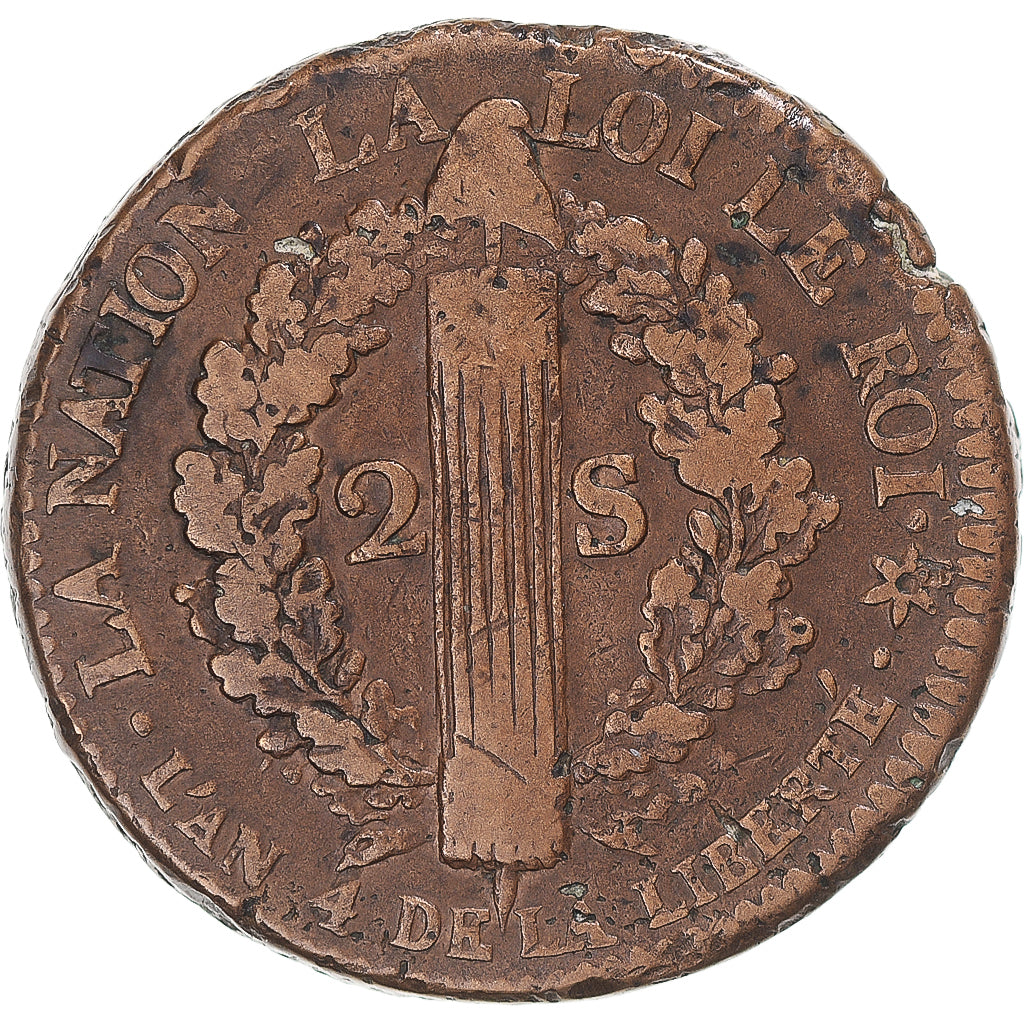 Munten, Frankrijk, Louis XVI, 2 sols Français, 1792, Strasbourg, FR+, Cuivre