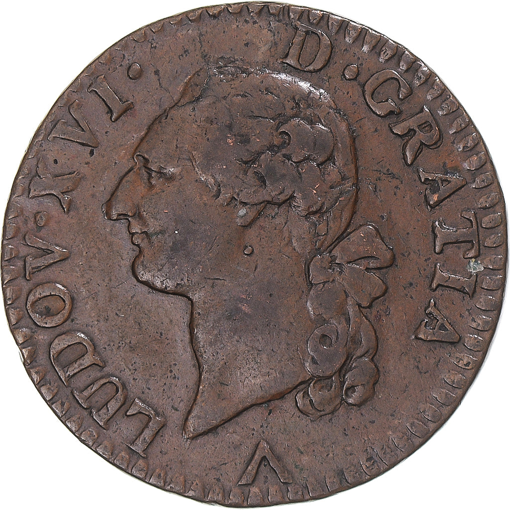 Moneda, Francia, Louis XVI, Sol, 1777, Lille, MBC, Cobre, KM:578.16, Gadoury:350